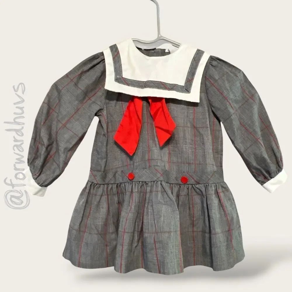 Vintage Bryan Toddler Sailor Dress Gray Plaid Red Bow USA Size 3T